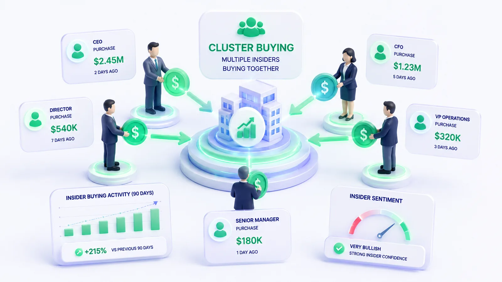 Dirigeants achetant des actions de leur entreprise, flèches d'achat positives et badge « cluster buying »