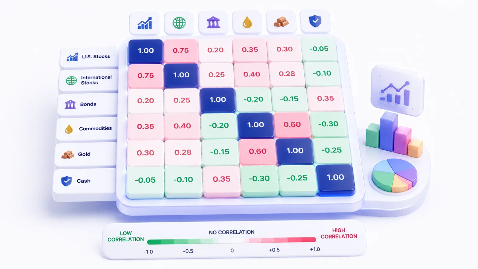 Matrice de corrélation en damier coloré illustrant des positions trop corrélées